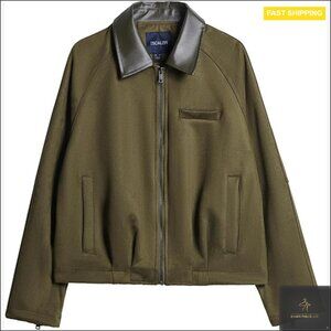 Faux Suede Cropped Bomber Jacket with Contrast Collar Zip Up Casual